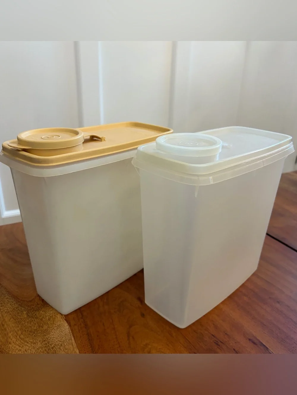 TWO Vintage Tupperware Cereal Keeper Containers #269 w/ Almond Clear Flip Lids